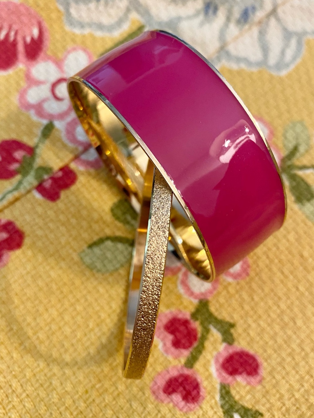 Set of 2 Vtg MONET + NEW J. CREW Cuff Bangles.  Brushed gold & hot pink enamel